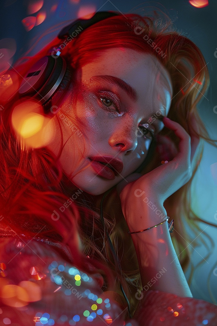 Mulher ruiva com fones de ouvido posando à noite com um pôr do sol