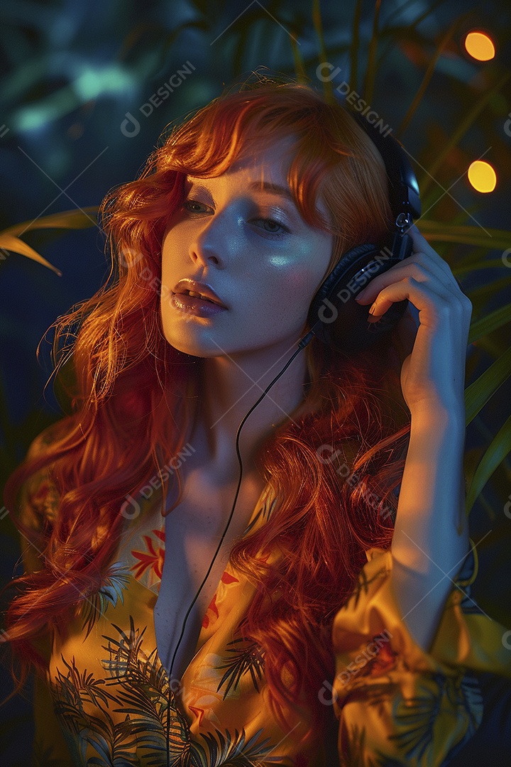 Mulher ruiva com fones de ouvido posando à noite com um pôr do sol