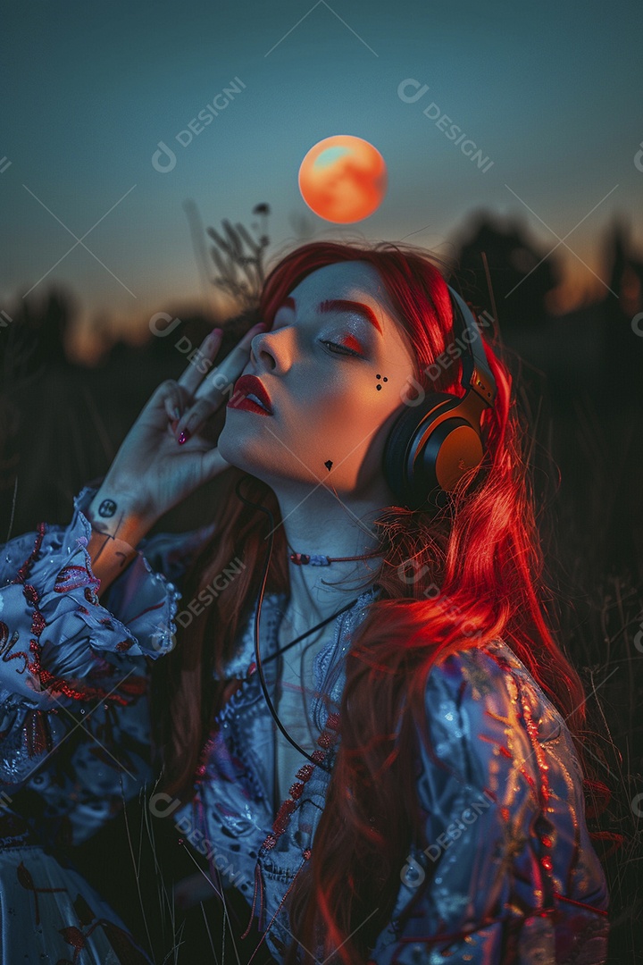 Mulher ruiva com fones de ouvido posando à noite com um pôr do sol