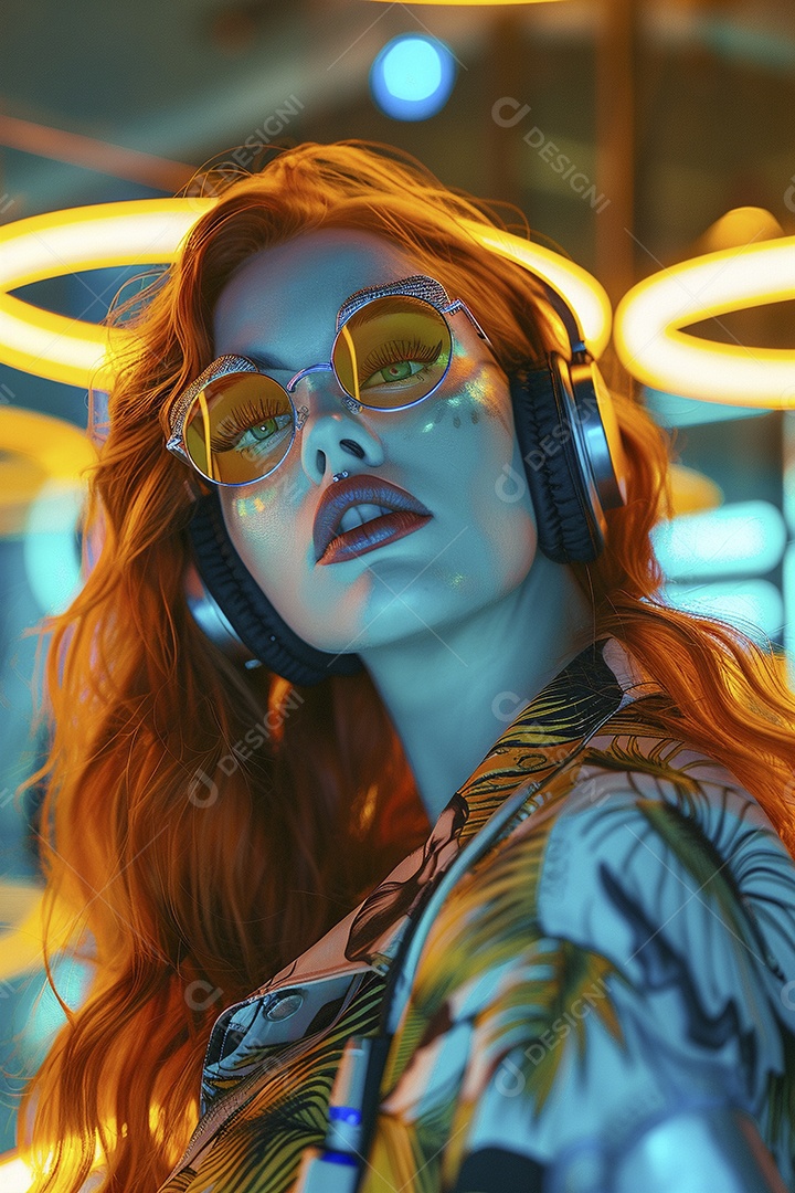 Mulher ruiva com fones de ouvido posando à noite com um pôr do sol