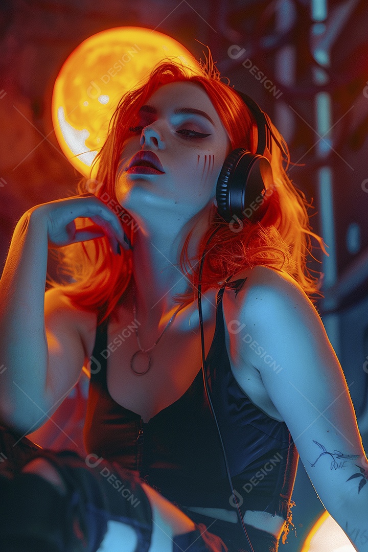 Mulher ruiva com fones de ouvido posando à noite com um pôr do sol