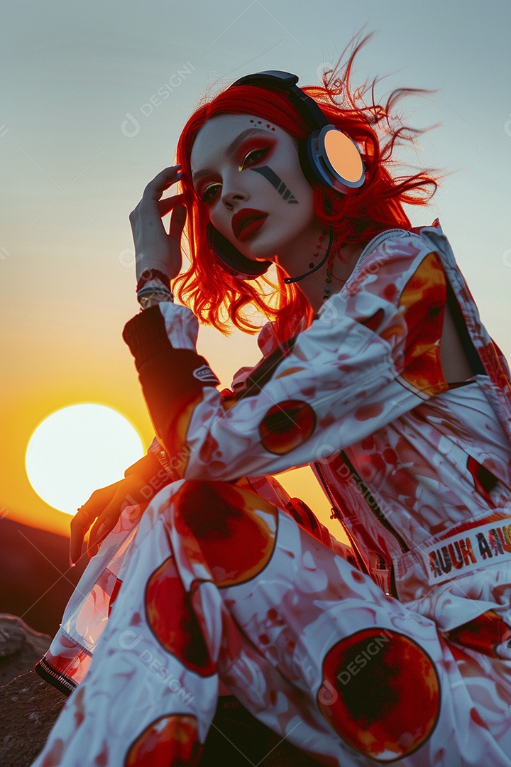 Mulher ruiva com fones de ouvido posando à noite com um pôr do sol