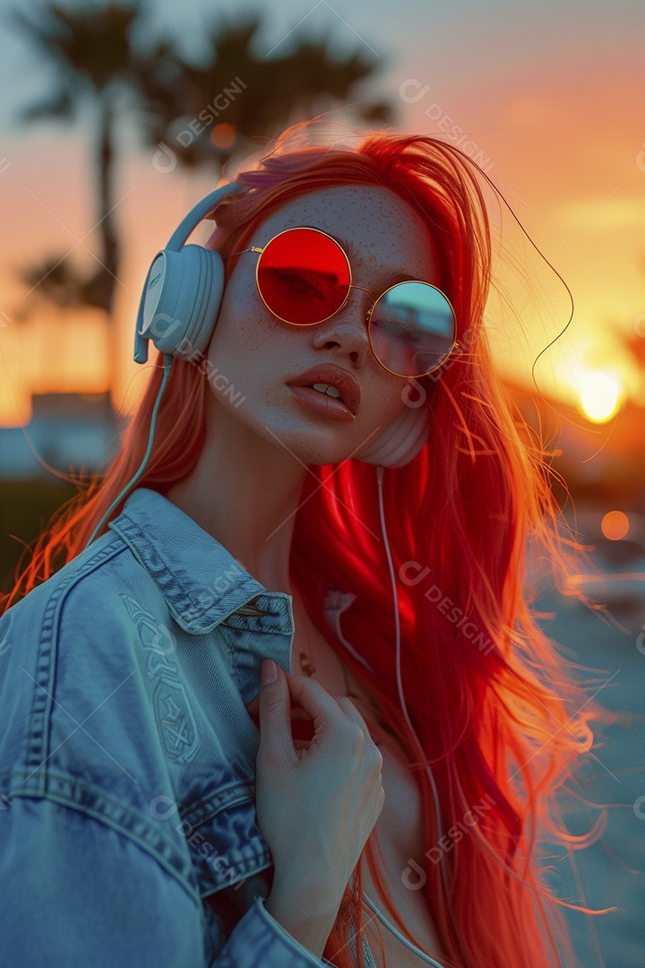 Mulher ruiva com fones de ouvido posando à noite com um pôr do sol