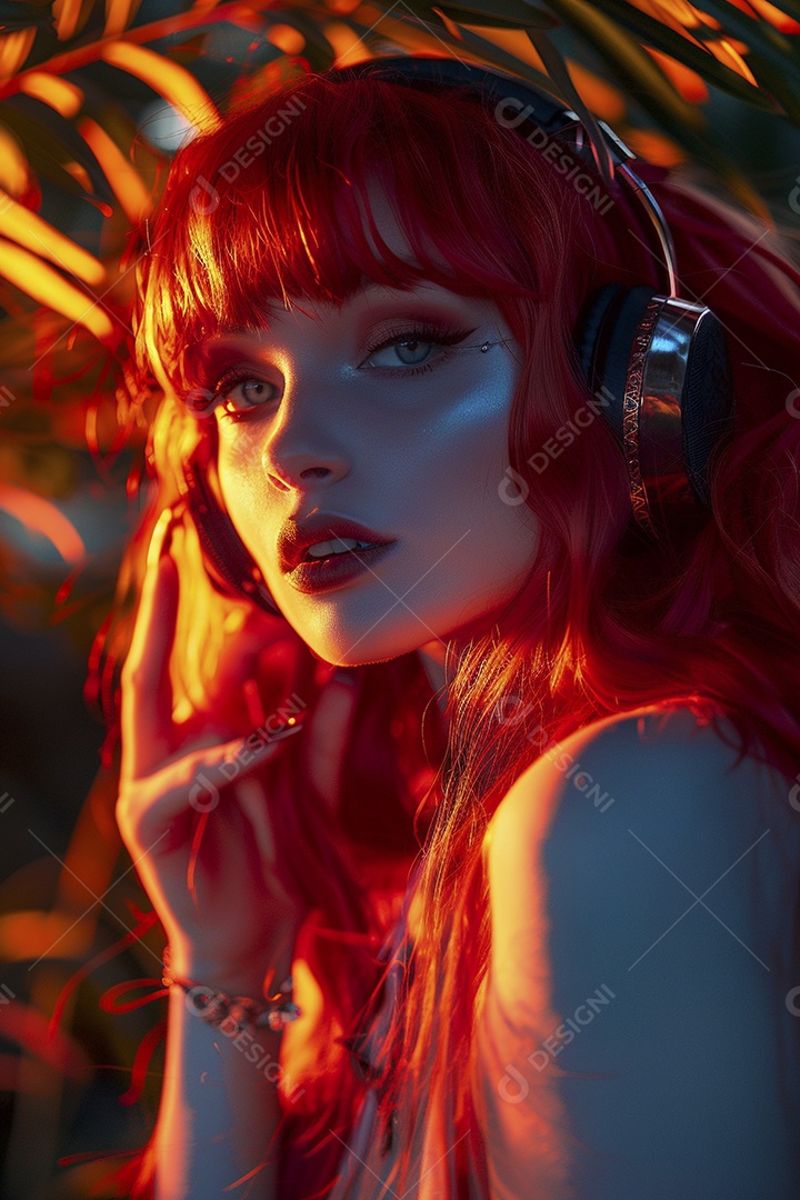 Mulher ruiva com fones de ouvido posando à noite com um pôr do sol