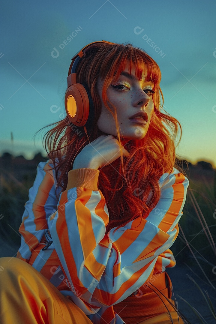 Mulher ruiva com fones de ouvido posando à noite com um pôr do sol