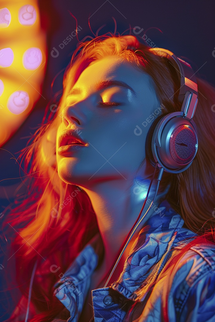 Mulher ruiva com fones de ouvido posando à noite com um pôr do sol