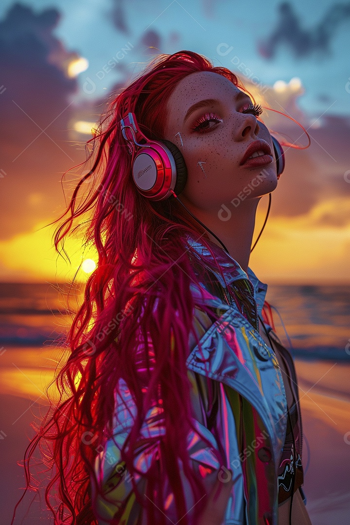 Mulher ruiva com fones de ouvido posando à noite com um pôr do sol