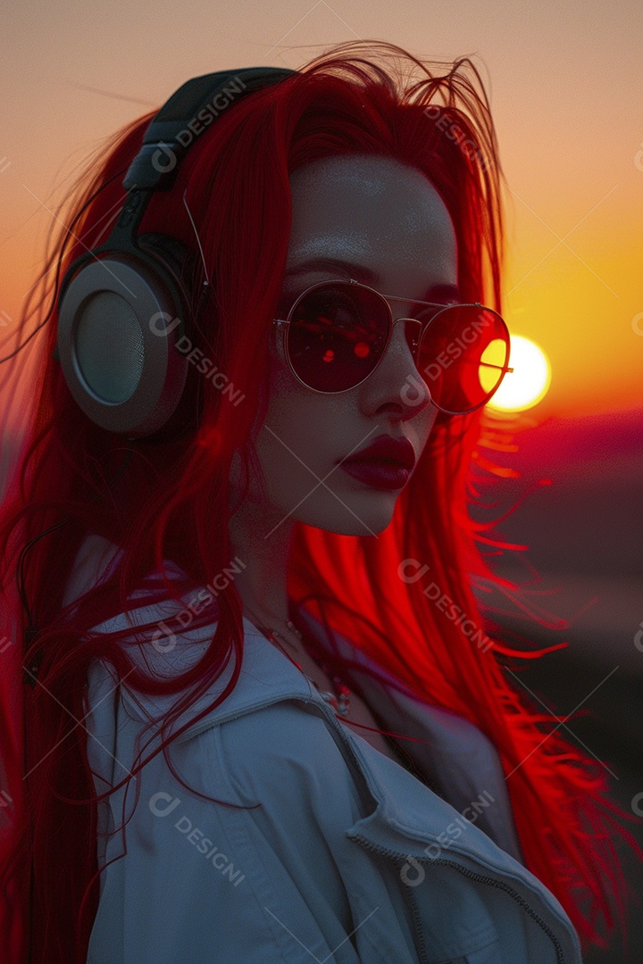 Mulher ruiva com fones de ouvido posando à noite com um pôr do sol