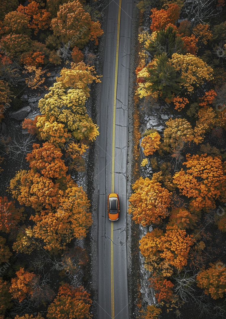 Vista aérea do carro viaja pela estrada tranquila da floresta