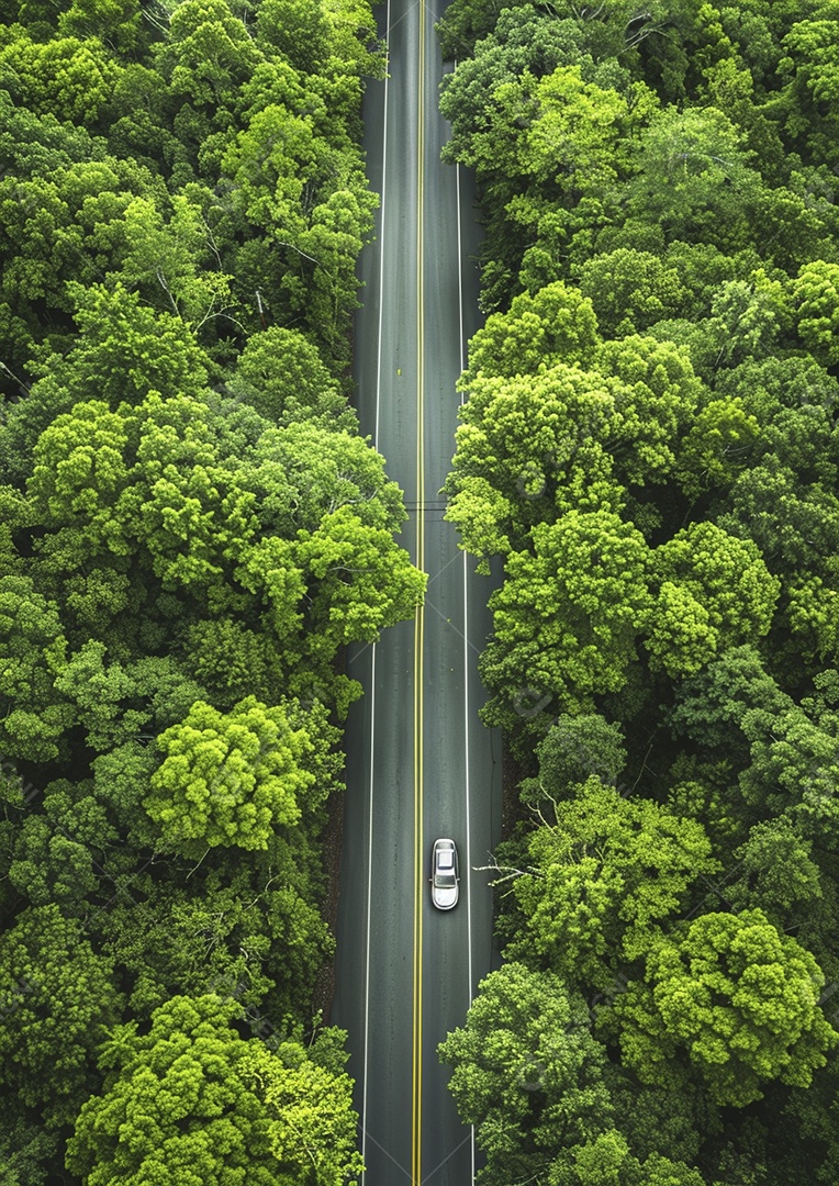 Vista aérea do carro viaja pela estrada tranquila da floresta