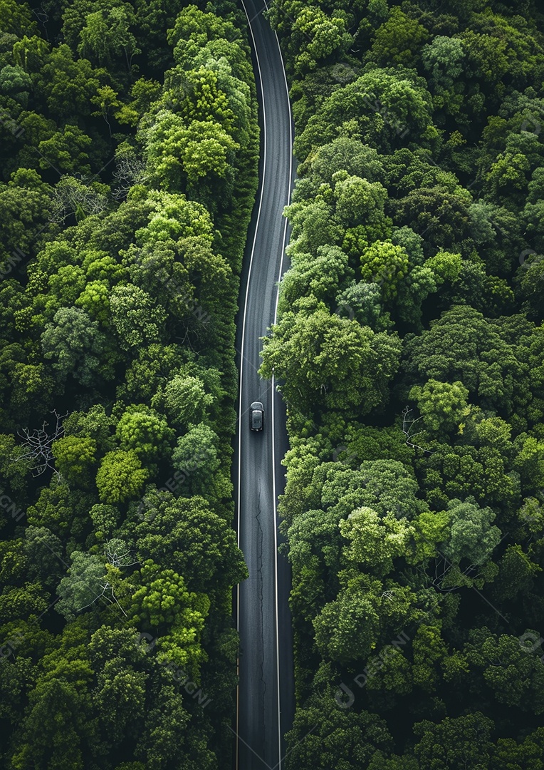 Vista aérea do carro viaja pela estrada tranquila da floresta