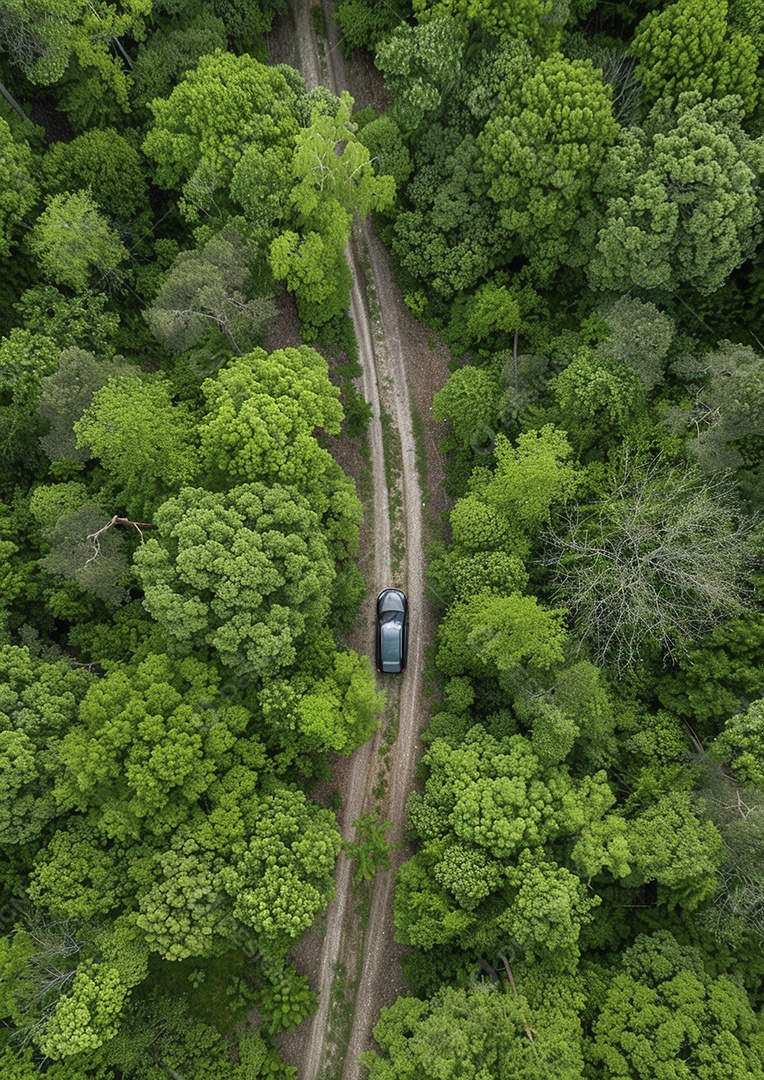 Vista aérea do carro viaja pela estrada tranquila da floresta