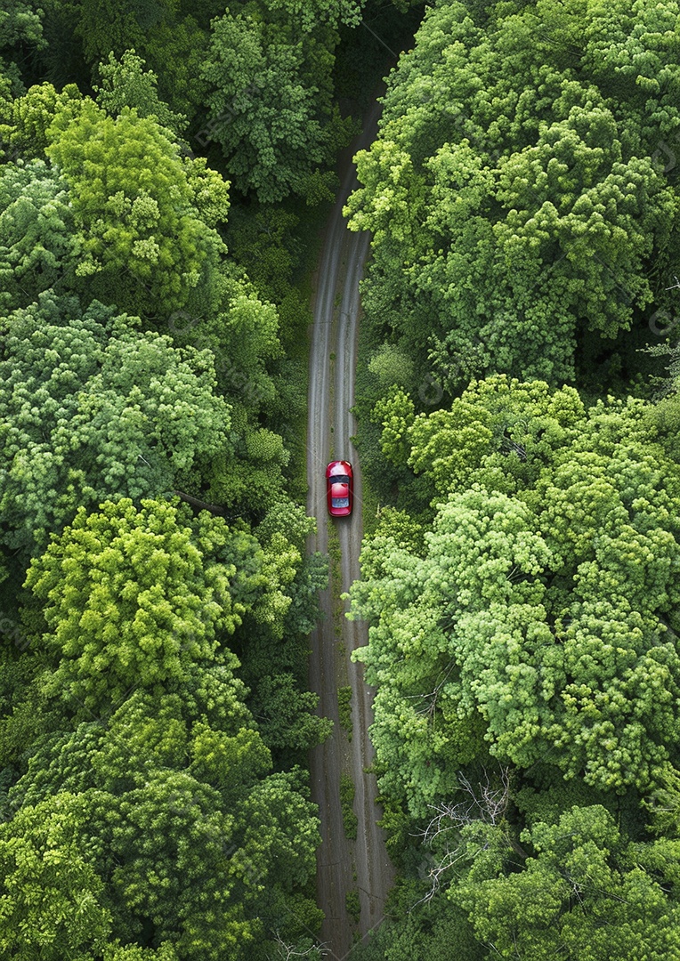 Vista aérea do carro viaja pela estrada tranquila da floresta
