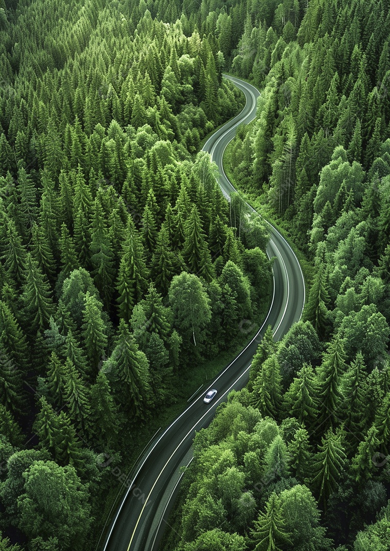 Vista aérea do carro viaja pela estrada tranquila da floresta