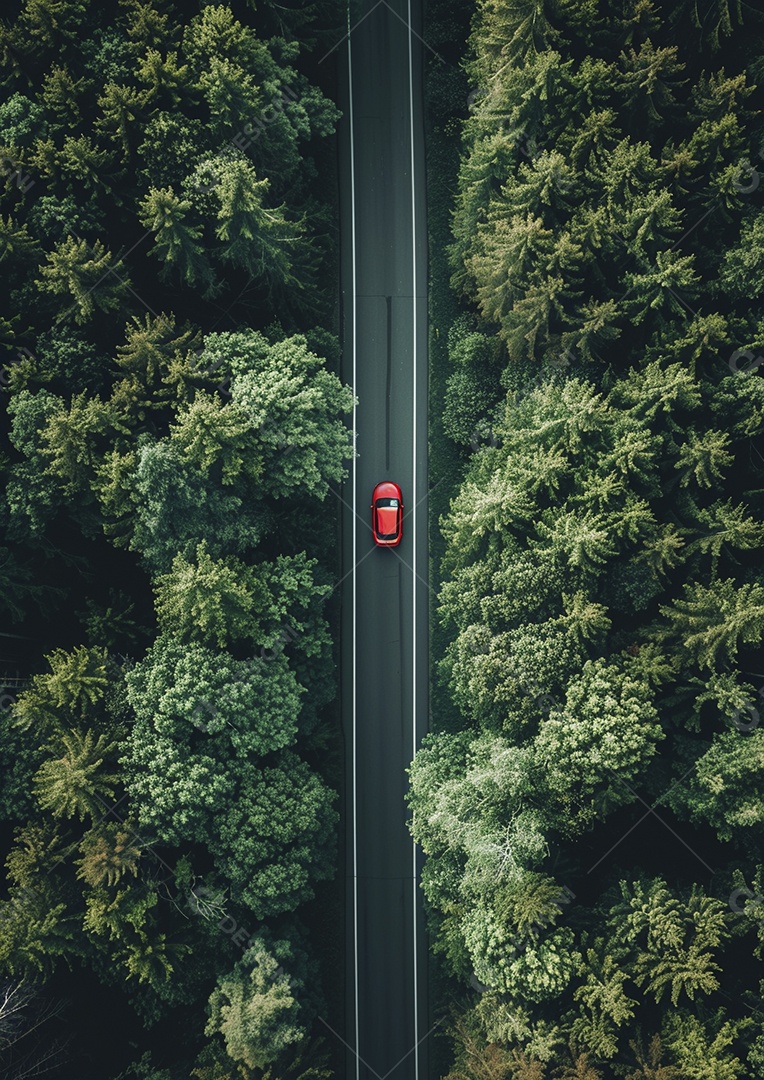 Vista aérea do carro viaja pela estrada tranquila da floresta