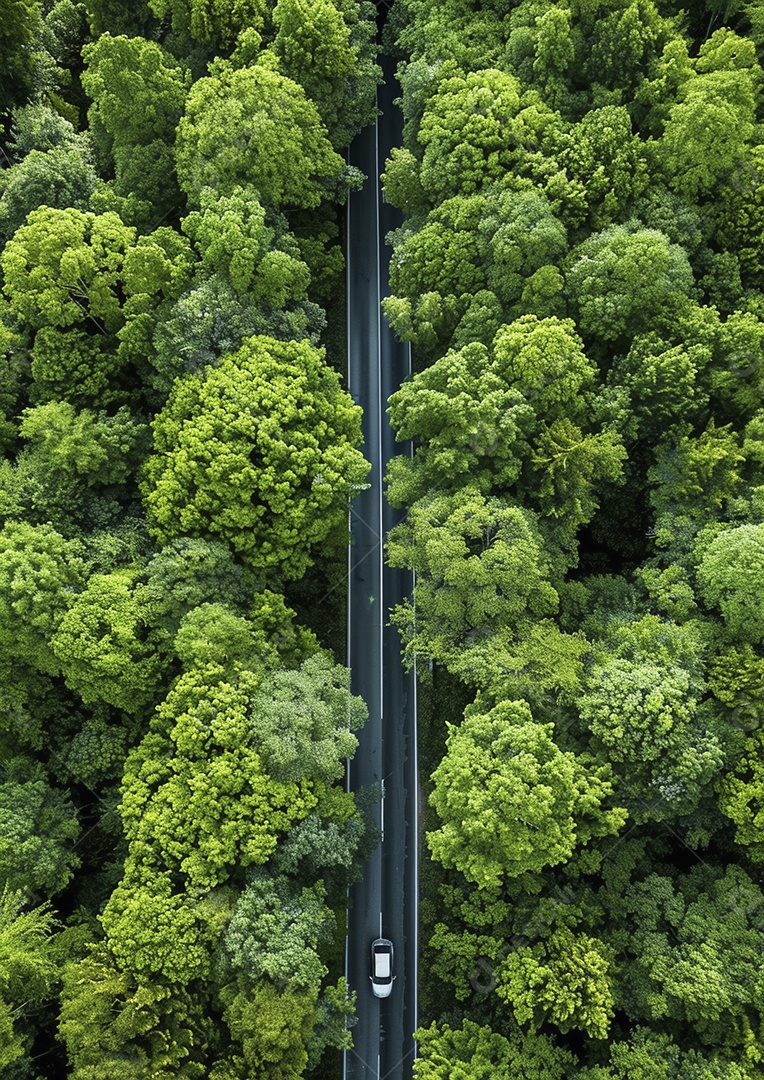 Vista aérea do carro viaja pela estrada tranquila da floresta