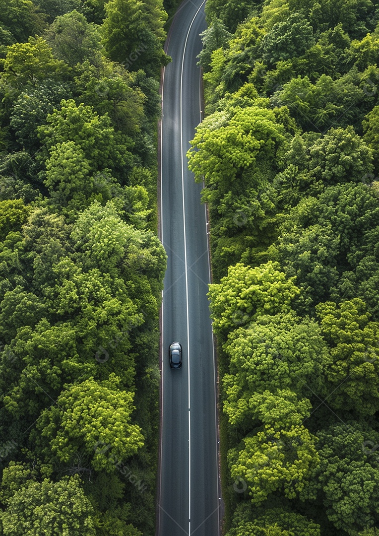 Vista aérea do carro viaja pela estrada tranquila da floresta