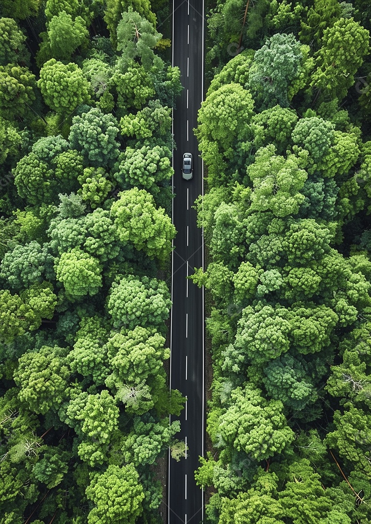 Vista aérea do carro viaja pela estrada tranquila da floresta