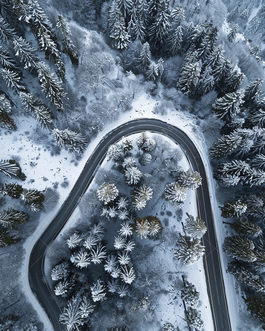 Vista aérea de uma estrada sinuosa nas montanhas com neve