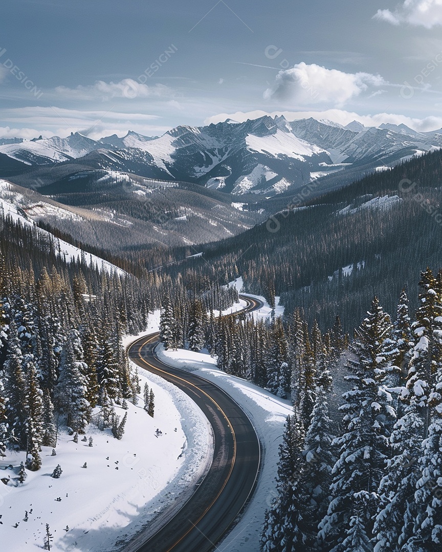 Vista aérea de uma estrada sinuosa nas montanhas com neve