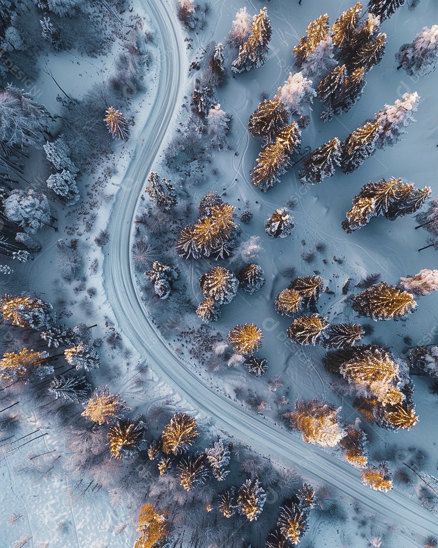 Vista aérea de uma estrada sinuosa nas montanhas com neve