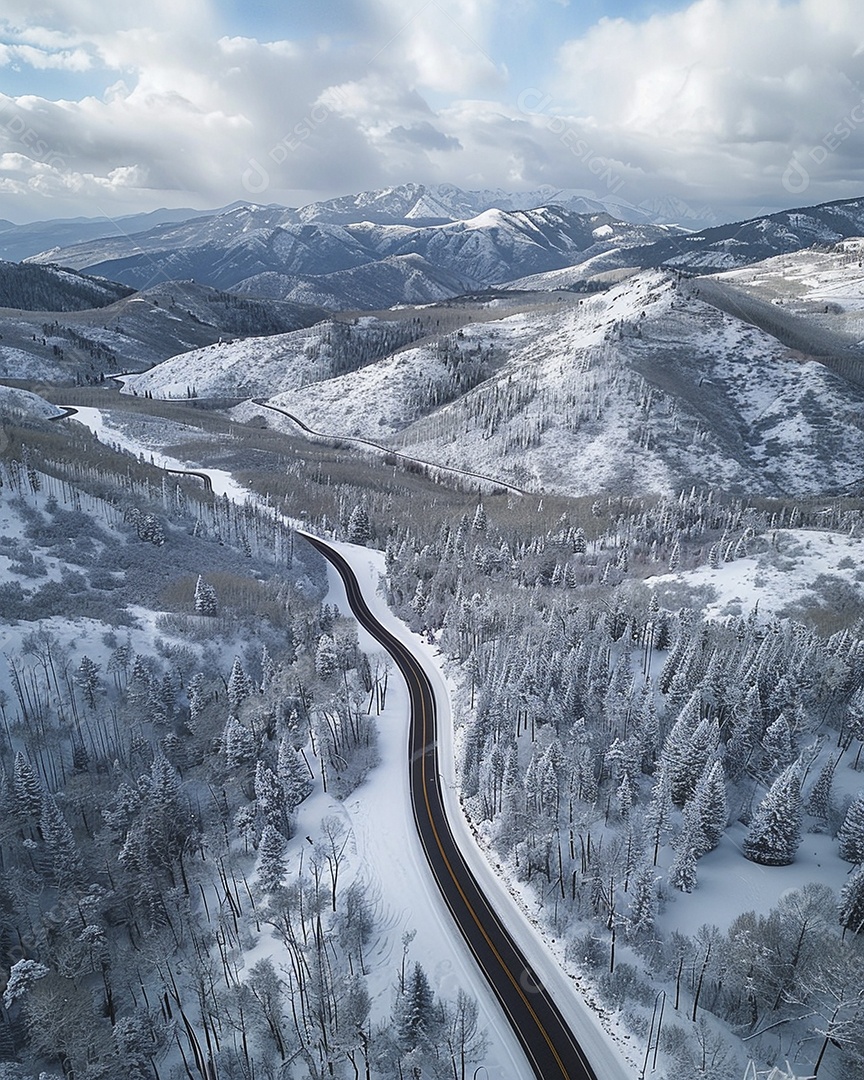 Vista aérea do carro viaja pela estrada tranquila da floresta