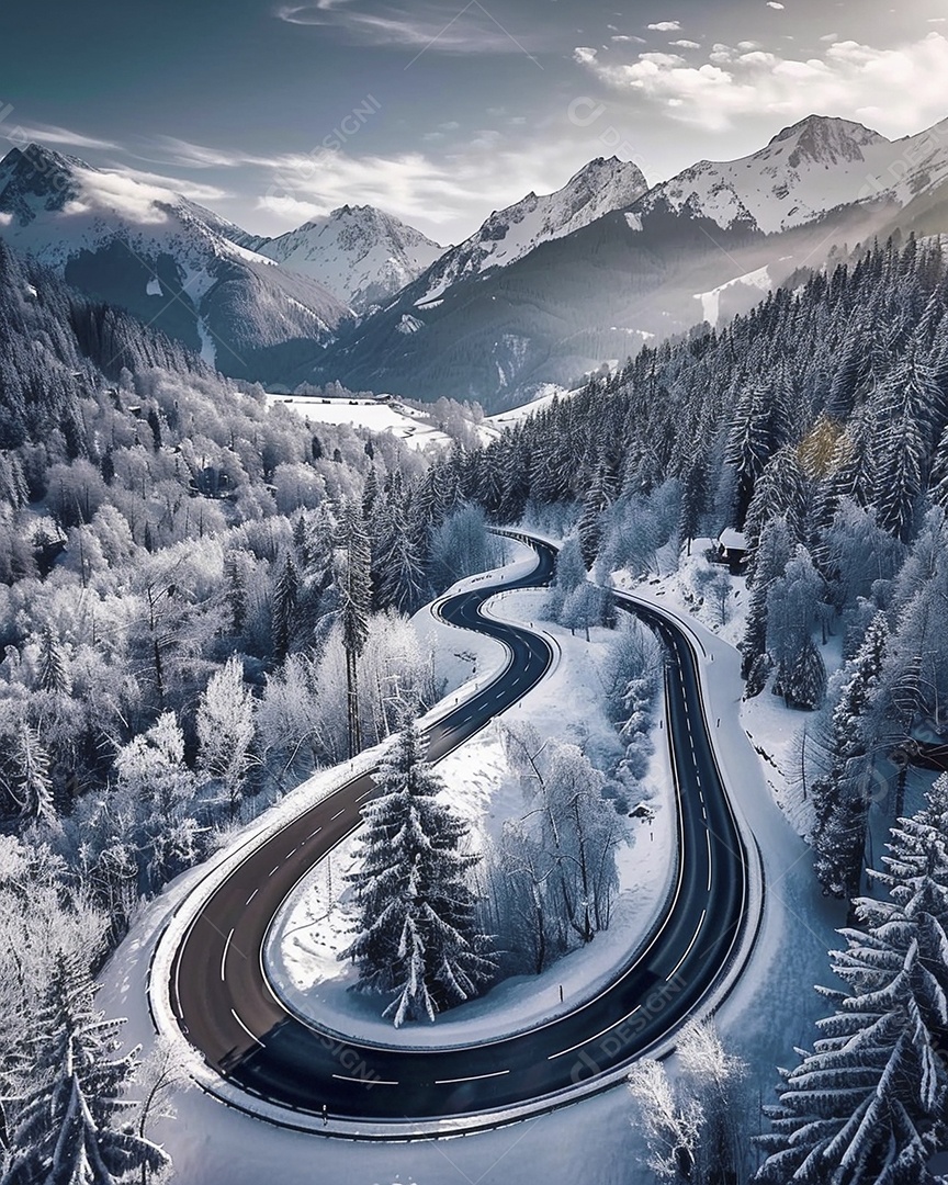 Vista aérea de uma estrada sinuosa nas montanhas com neve