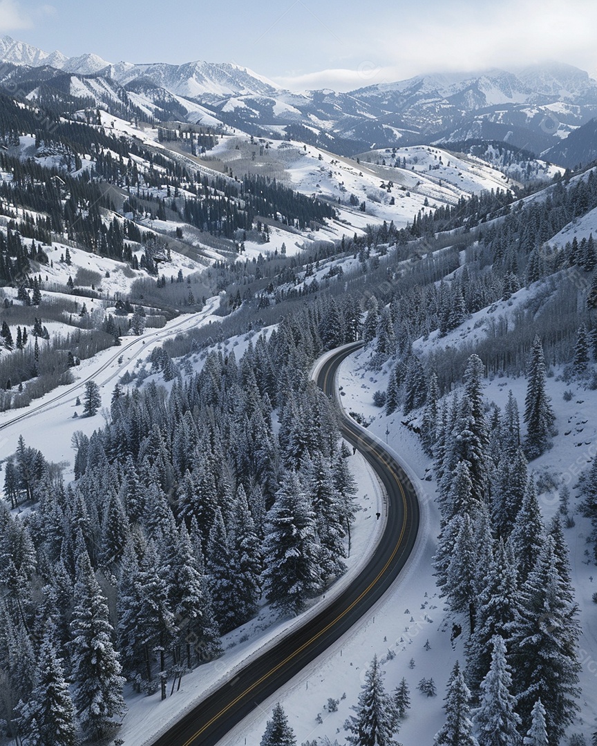 Vista aérea de uma estrada sinuosa nas montanhas com neve