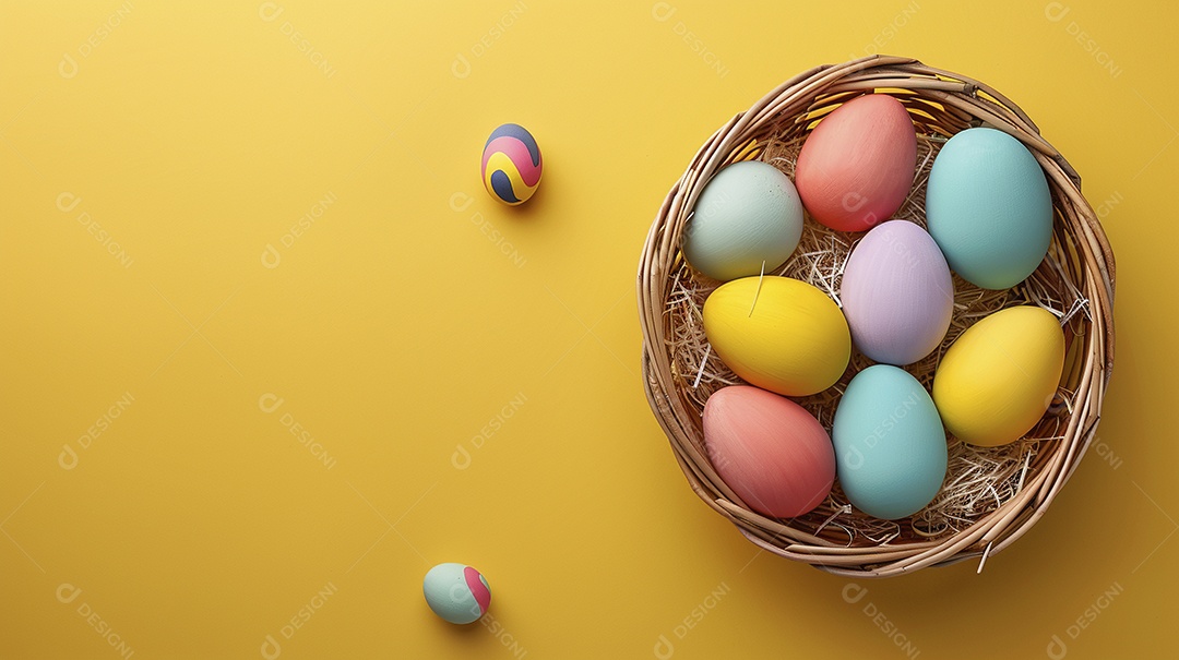 Cesta de Páscoa com ovos coloridos e fundo amarelo