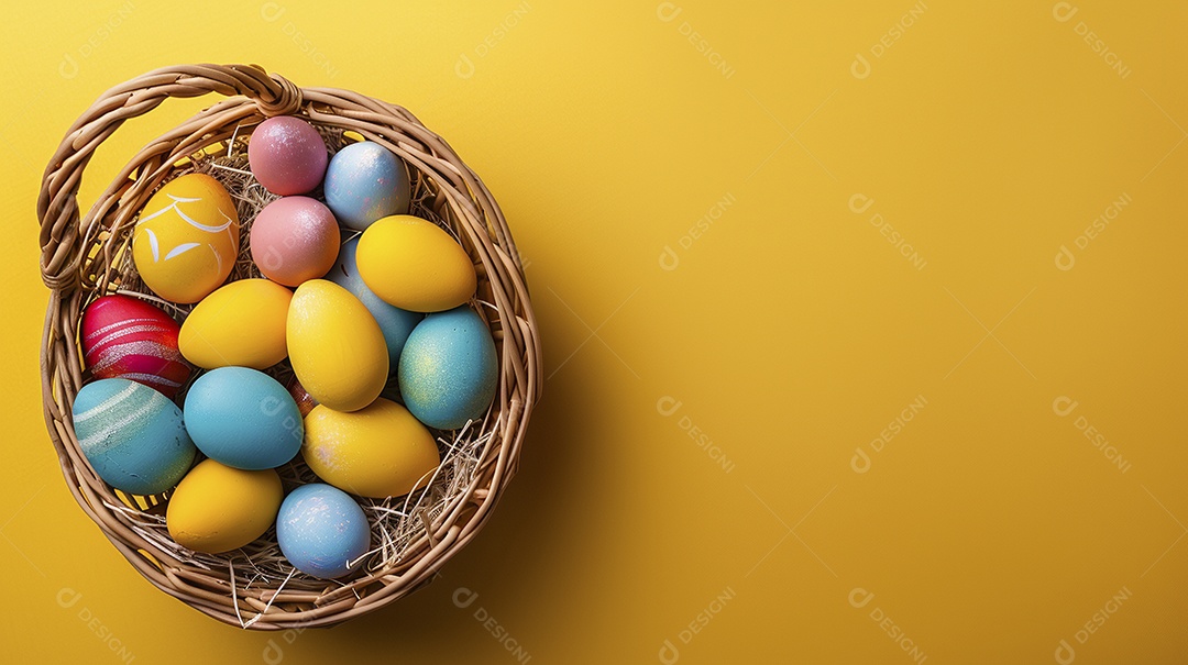 Cesta de Páscoa com ovos coloridos e fundo amarelo