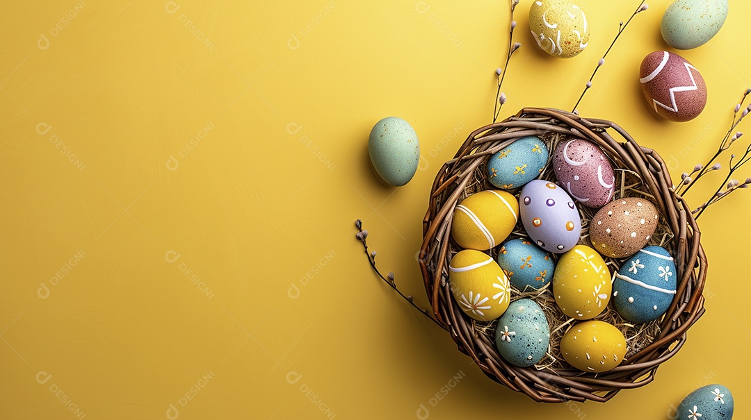 Cesta de Páscoa com ovos coloridos e fundo amarelo