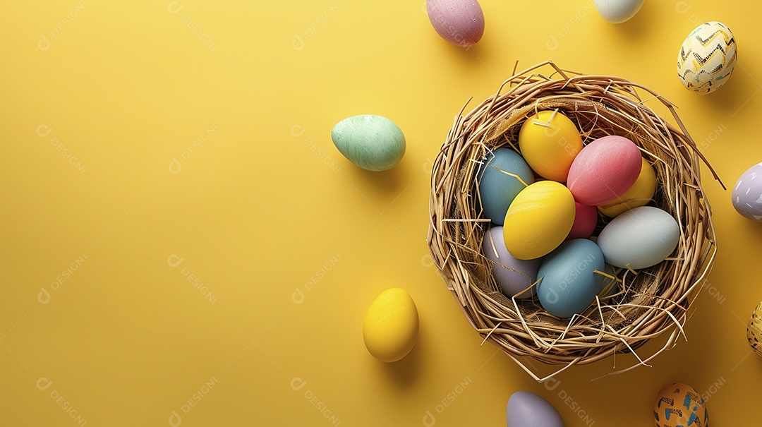 Cesta de Páscoa com ovos coloridos e fundo amarelo