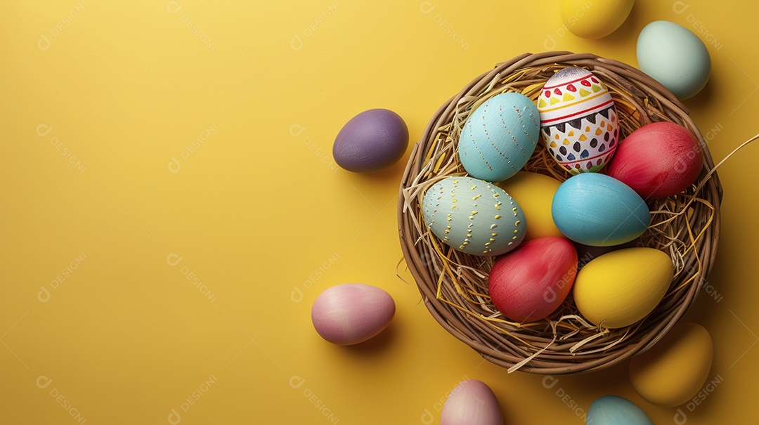 Cesta de Páscoa com ovos coloridos e fundo amarelo