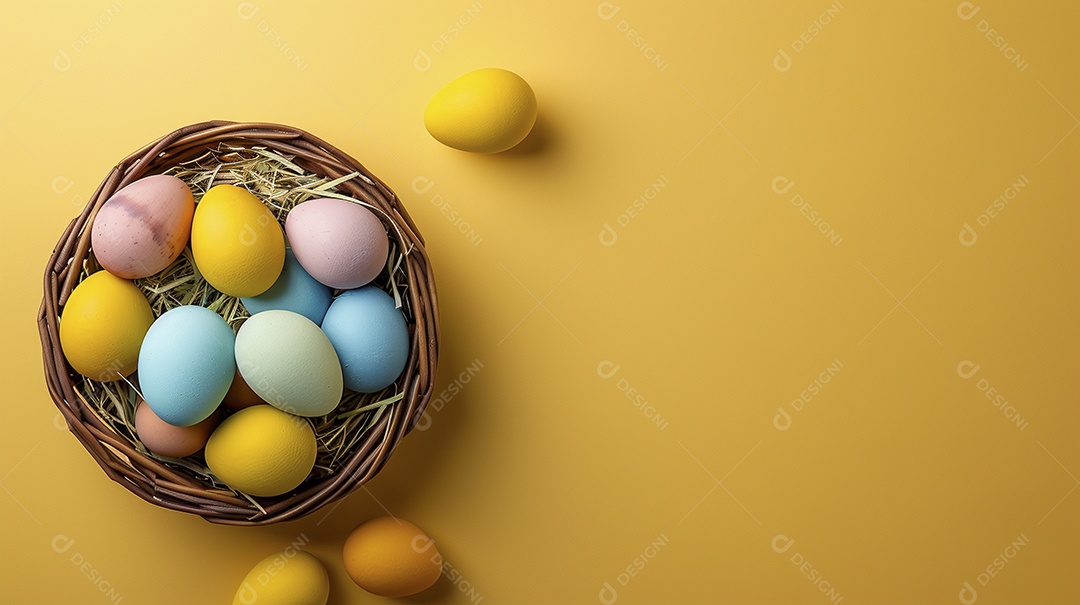 Cesta de Páscoa com ovos coloridos e fundo amarelo