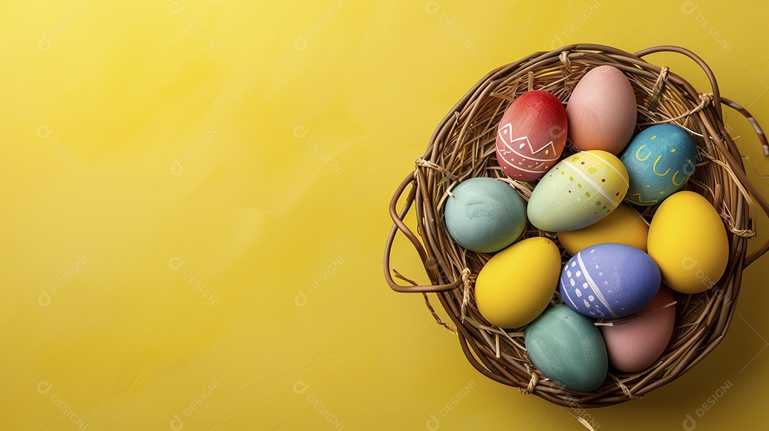 Cesta de Páscoa com ovos coloridos e fundo amarelo