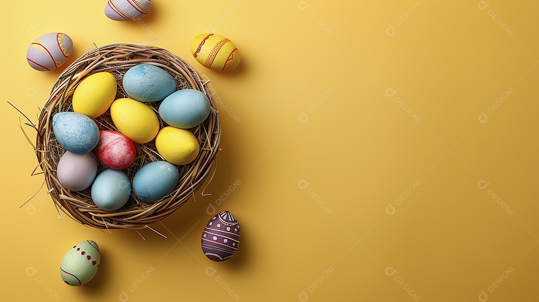 Cesta de Páscoa com ovos coloridos e fundo amarelo