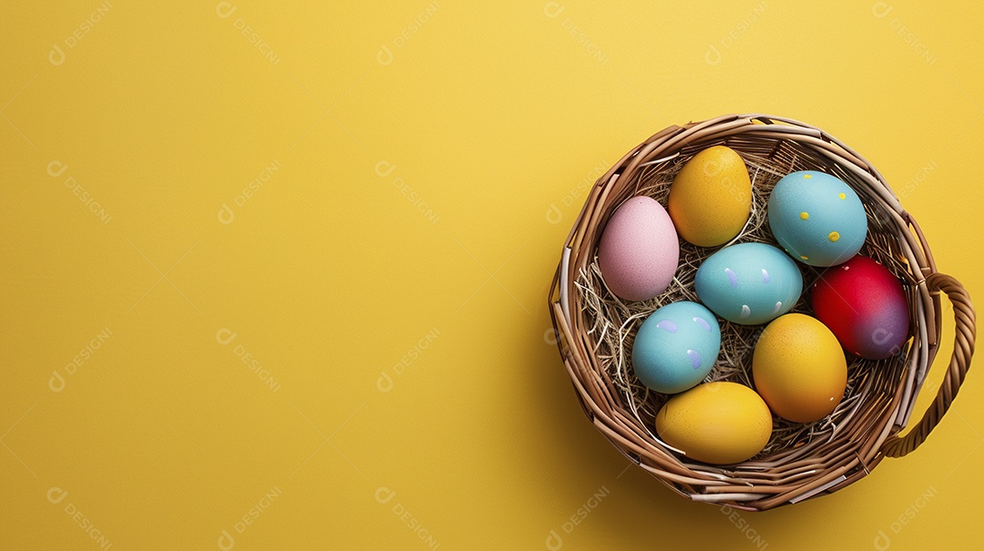 Cesta de Páscoa com ovos coloridos e fundo amarelo