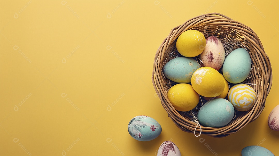 Cesta de Páscoa com ovos coloridos e fundo amarelo