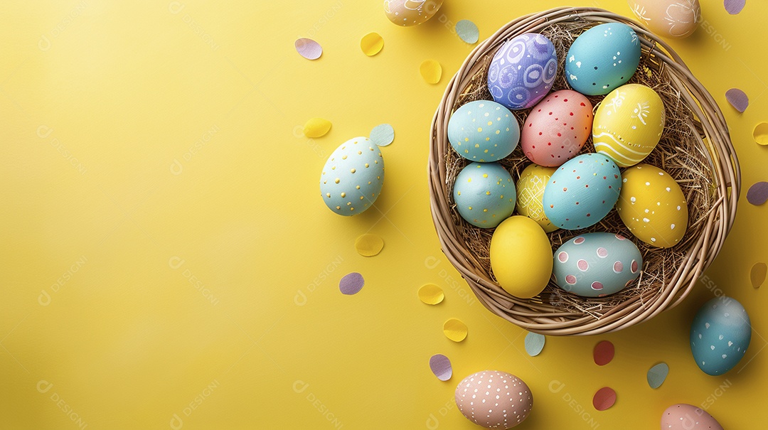 Cesta de Páscoa com ovos coloridos e fundo amarelo