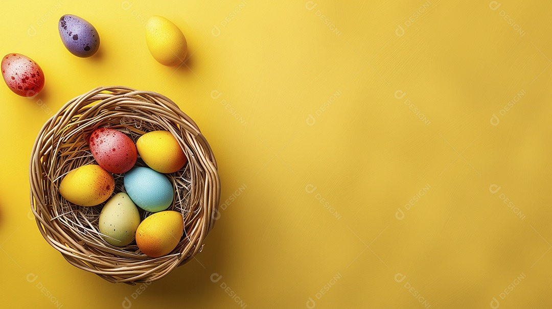 Cesta de Páscoa com ovos coloridos e fundo amarelo