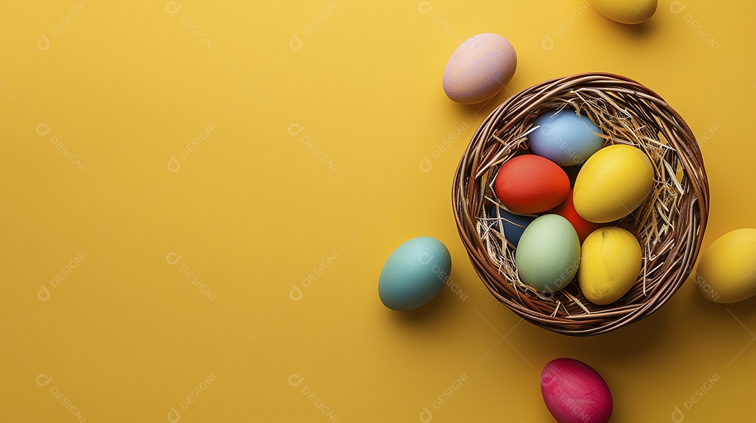 Cesta de Páscoa com ovos coloridos e fundo amarelo