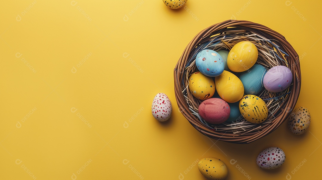 Cesta de Páscoa com ovos coloridos e fundo amarelo