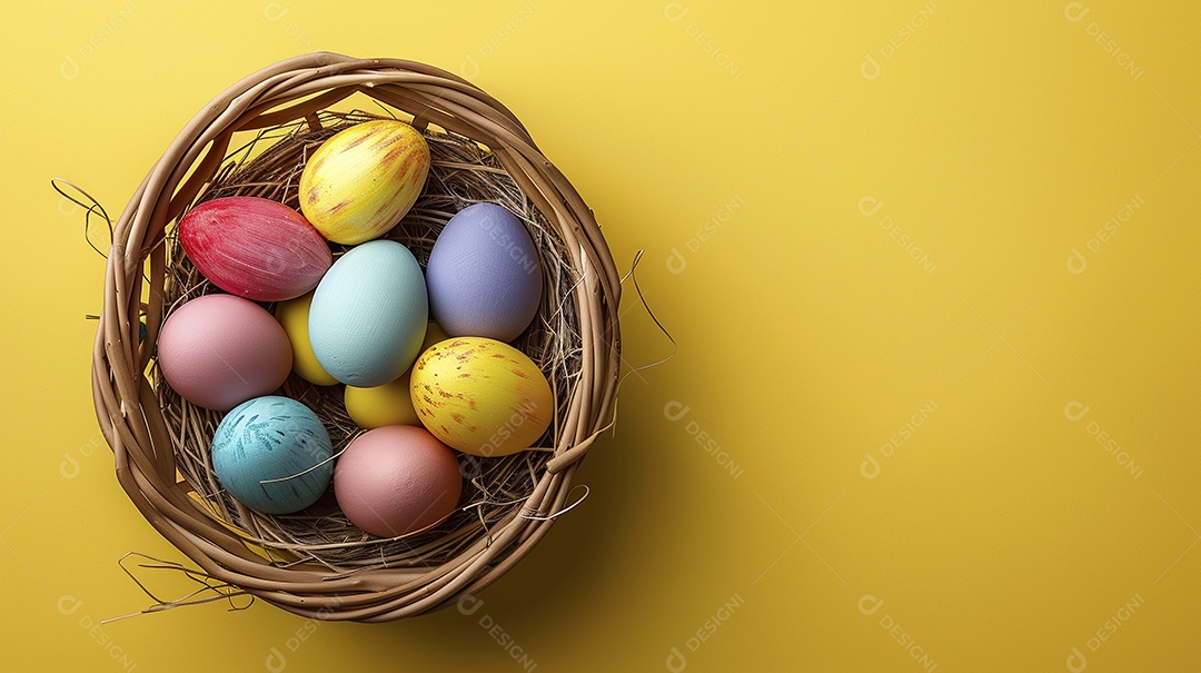 Cesta de Páscoa com ovos coloridos e fundo amarelo