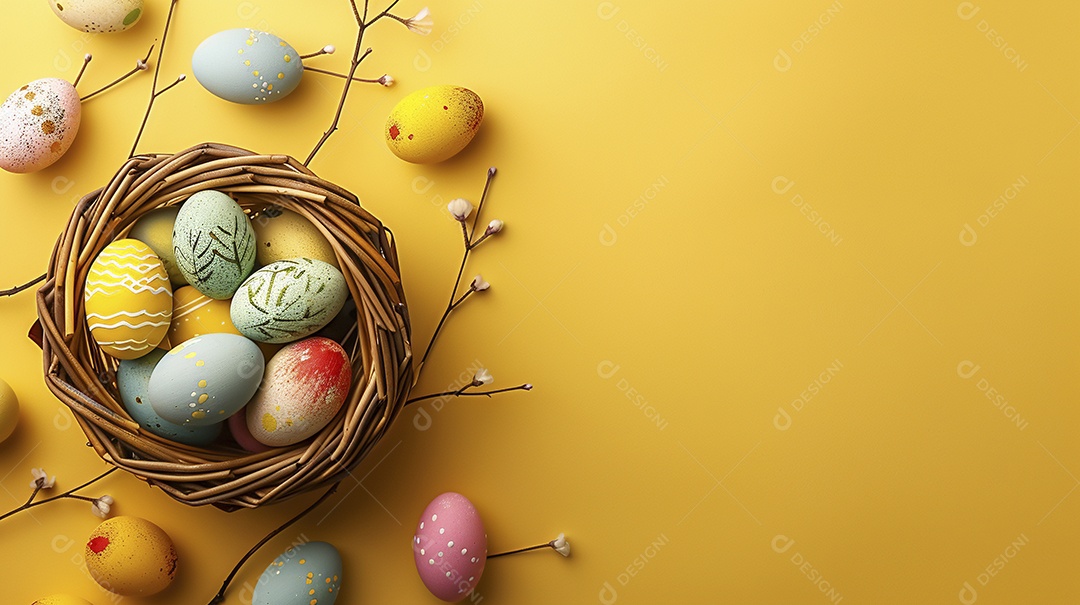 Cesta de Páscoa com ovos coloridos e fundo amarelo