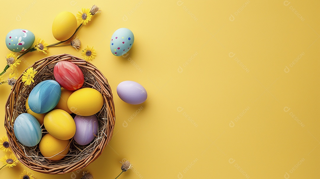 Cesta de Páscoa com ovos coloridos e fundo amarelo