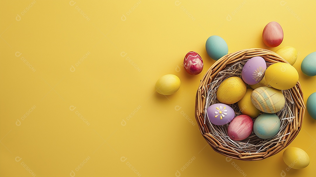 Cesta de Páscoa com ovos coloridos e fundo amarelo