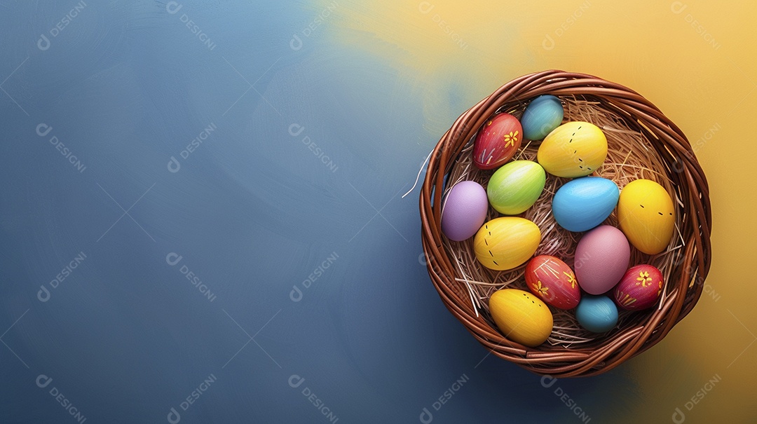 Cesta de Páscoa com ovos coloridos e fundo amarelo