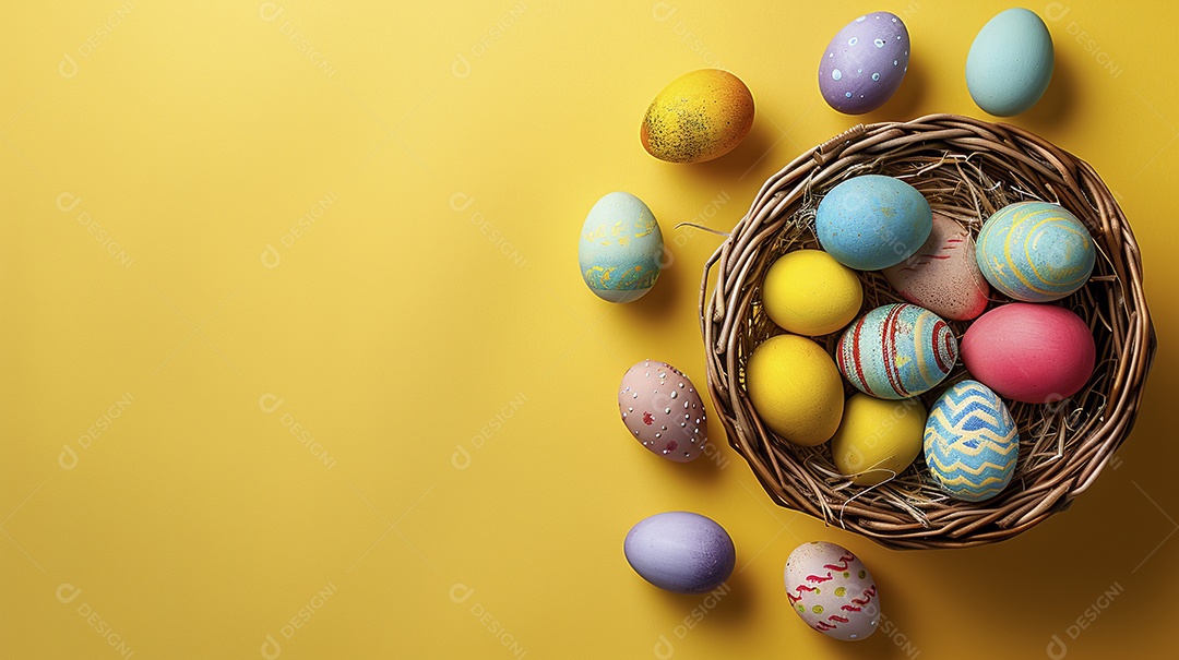 Cesta de Páscoa com ovos coloridos e fundo amarelo