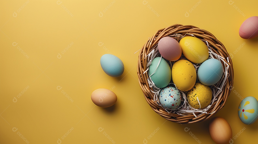 Cesta de Páscoa com ovos coloridos e fundo amarelo