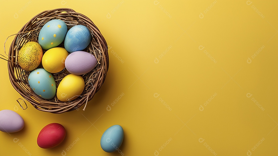 Cesta de Páscoa com ovos coloridos e fundo amarelo